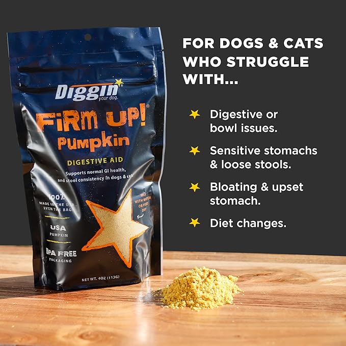 Diggin' Your Dog Firm Up Pumpkin for Dogs & Cats, 100% Made in USA, Pumpkin Powder for Dogs, Digestive Support, Apple Pectin, Fiber, Healthy Stool, 16 oz