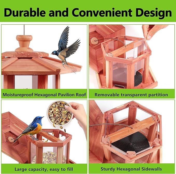 Wild Bird Feeders for Outdoor Hanging，Hexagon Shaped Bird Feede，USA Cedar， Hollow Mesh Tray,Easy to Clean & Refill