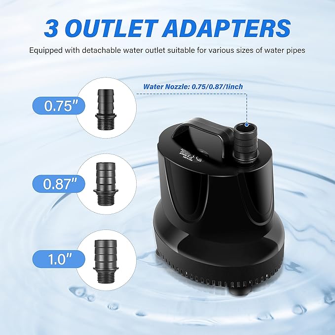 Simple Deluxe 660GPH Bottom Suction Submersible Water Pump 2500L/H 45W, 3 Nozzles with 8.2ft High Lift for Fish Tank, Pond, Aquarium, Hydroponics, Fountains