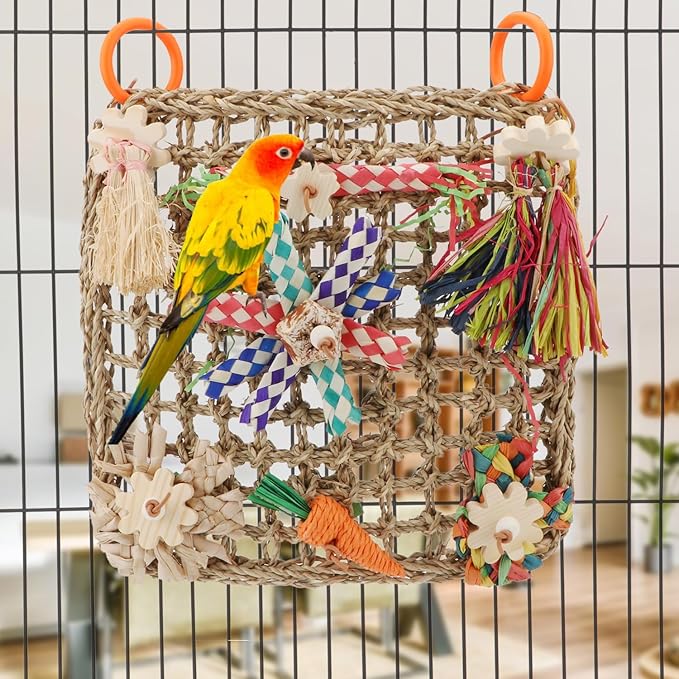 Hypeety Bird Toys Parrot Foraging Toys Bird Chew Toys Parakeet Shredding Seagrass Climbing Mat with Various Toys for Conure, Cockatiel, Lovebird, Parakeet, Budgie (L(Carrot))