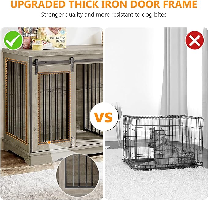 2-in-1 Double Dog Crate Furniture with Divider 60.6 Inch Grey Sturdy Dog Kennel TV Stand with 2 Sliding Doors and Thick Iron Door Frame for 2 Dogs