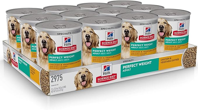 Hill's Science Diet Perfect Weight, Adult 1-6, Weight Management Support, Wet Dog Food, Chicken & Vegetables Loaf, 12.8 oz Can, Case of 12