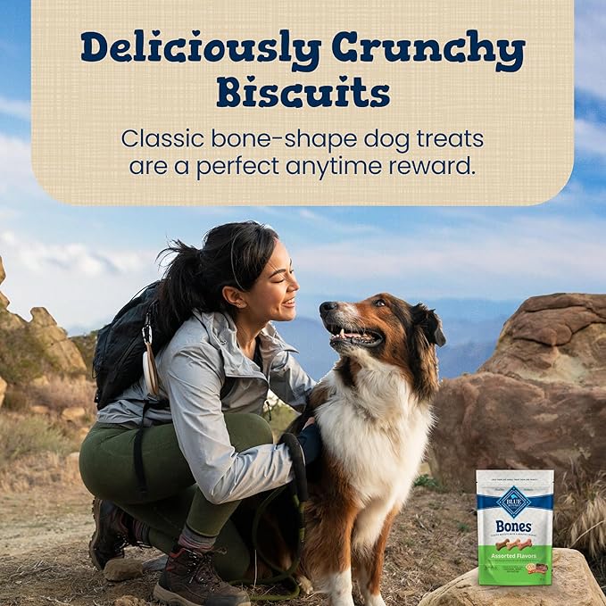 Blue Buffalo Bones Small Natural Dog Treats, Crunchy Dog Biscuits, Assorted Flavors - Beef, Chicken, Bacon Flavors, 16-oz. Bag (4 Pack)