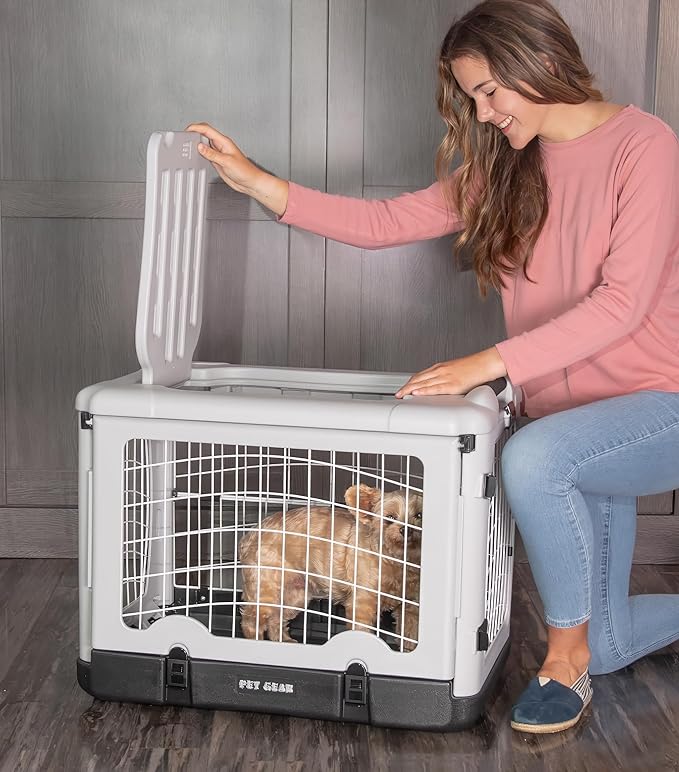 Pet Gear “The Other Door” 4 Door Steel Crate for Dogs/Cats with Removable Tray, Essential Grey, 27 Inch