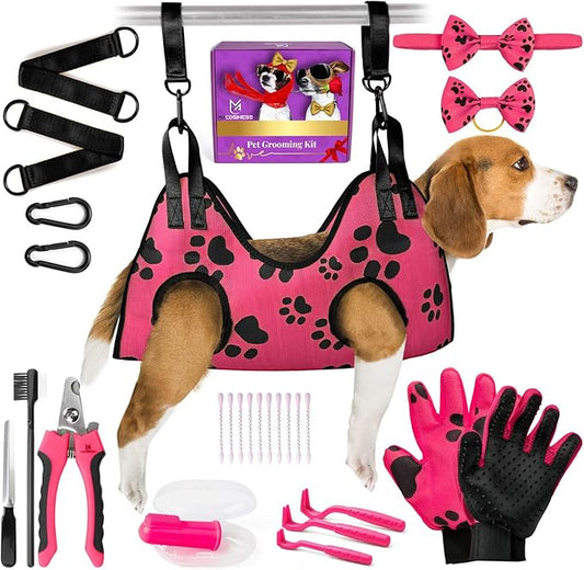 Pet Grooming Hammock for Nail Trimming - Complete Groomers Helper Set for Pet - Dog Grooming Hammock with Hook - Cat Nail Clipper - Dog Hammock for Nail Clipping (M, Pink with black paws)