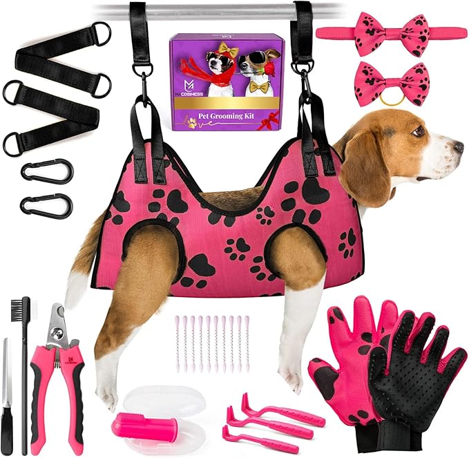 Pet Grooming Hammock for Nail Trimming - Complete Groomers Helper Set for Pet - Dog Grooming Hammock with Hook - Cat Nail Clipper - Dog Hammock for Nail Clipping (M, Pink with black paws)