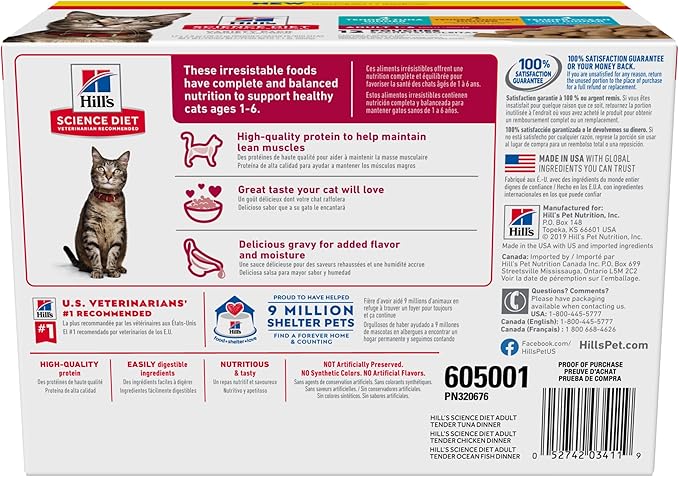 Hill's Science Diet Adult 1-6, Adult 1-6 Premium Nutrition, Wet Cat Food, Variety Case: Tuna, Chicken, Ocean Fish Stew, 2.8 oz Pouch Variety Case, Case of 12