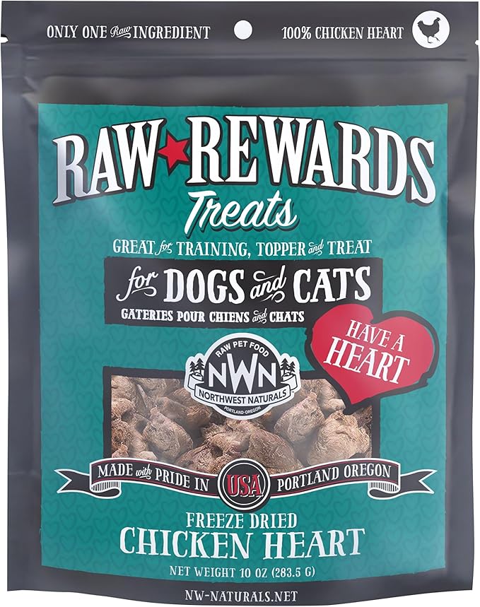 Northwest Naturals Raw Rewards Freeze-Dried Chicken Heart Treats for Dogs and Cats - Bite-Sized Pieces - Healthy, 1 Ingredient, Human Grade Pet Food, Natural - 3 Oz (Pack of 3) (Packaging May Vary)