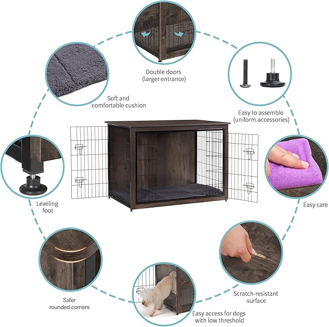 DWANTON Dog Crate Furniture with Cushion, XL Wooden Dog Crate with Double Doors, Large Dog Crate Furniture, Dog Kennel Indoor, End Table, Extra Large, 43.3" L, Dark Grey