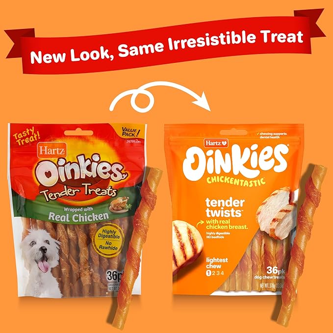 Hartz Oinkies Rawhide-Free Tender Treats Wrapped with Chicken Dog Treats Chews, 36 Count, Highly Digestible, No Artificial Flavors, Perfect for Smaller and Senior Dogs
