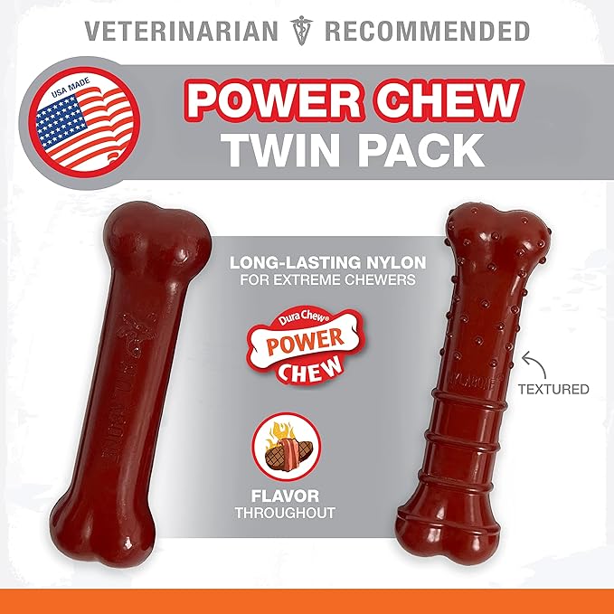 Nylabone Power Chew Classic Bone Chew Toy for Dogs, Durable Dog Toys for Aggressive Chewers, Basted Blast Bacon & Steak Flavor, Small/Regular (2 Count)