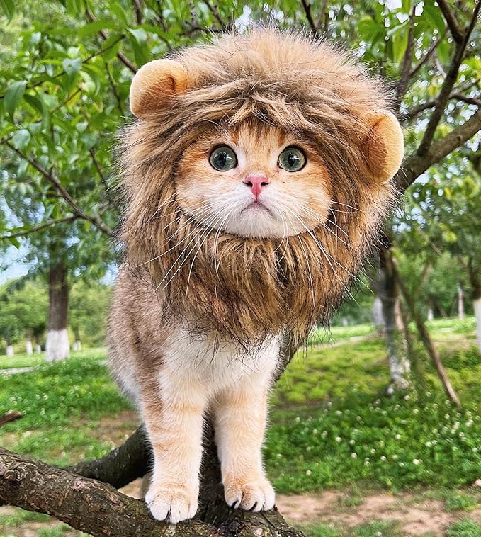 Lion Mane Wig for Cat Costume Pet Adjustable Washable Comfortable Fancy Lion Hair Cat Clothes Dress for Halloween Christmas Easter Festival Party Activity (Brown)