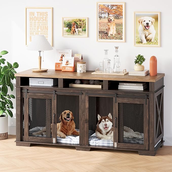 71" Extra Large Dog Crate Furniture,Wooden Double Dog Crates Kennel Cage,Furniture Style TV Stand Side End Table for 2 Dogs with Removable Divider for Large Dogs,Dark Walnut/Light