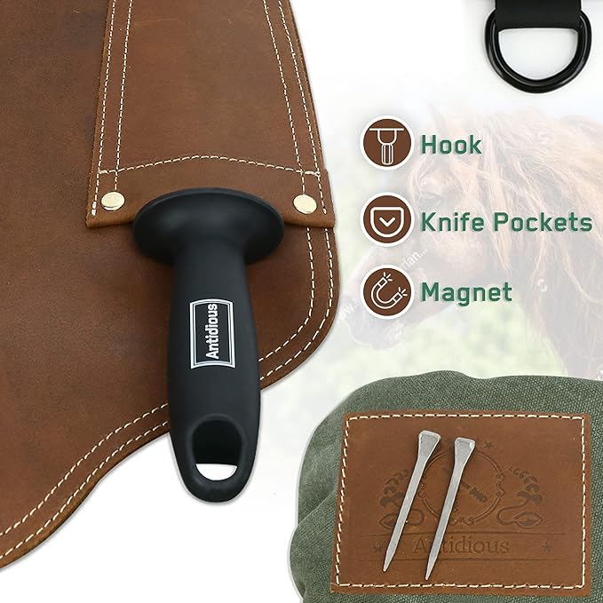 Professional Farrier Chaps Leather Farrier Apron with Adjustable Belt and Knees Straps Hoof Trimming, 2 Pockets and Extra Hook for Storage, Suitable for 28’’~55’’ Waistline