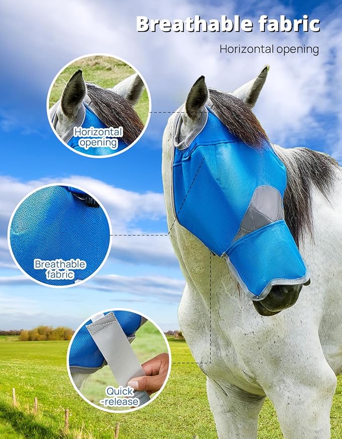 DEERFAMY Adjustable Horse Fly Mask, High-Quility Net Mesh Mask with Large Eye Space,Full Coverage, Soft & Gentle on Skin, No Ears but with Nose (Blue, L)