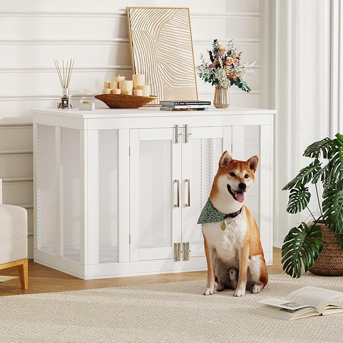 Irontar Dog Crate Furniture with Cushion, Double-Door Dog Crate for Small to Large Dogs, Wooden Dog Kennel Table, End Table Dog House Furniture, Dog Cage Indoor, White MGW001W