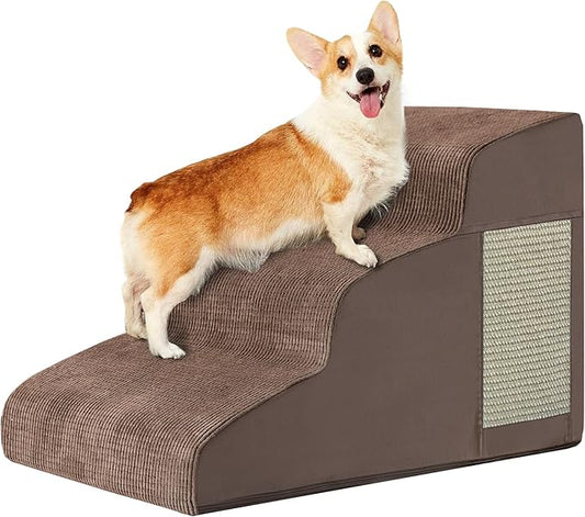 Pet stairs, Dog Stairs for Small Dogs, Dog Steps, 3-Step Curved Dog Ramp for Bed, Couch, Sofa, Car and Chairs, Non-Slip Bottom Design, Cat Scratching Board, High Density Foam Portable Pet Step, Coffee