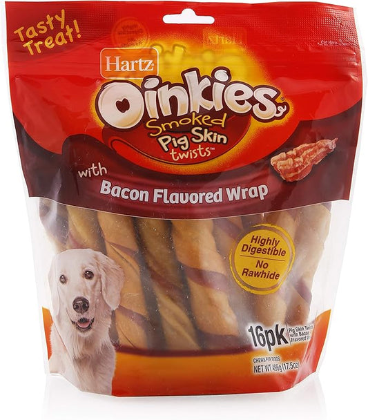 Hartz Oinkies Natural Smoked Pig Skin Twist Bacon Wrapped Dog Treat Chews - 16 Pack - 3270015485