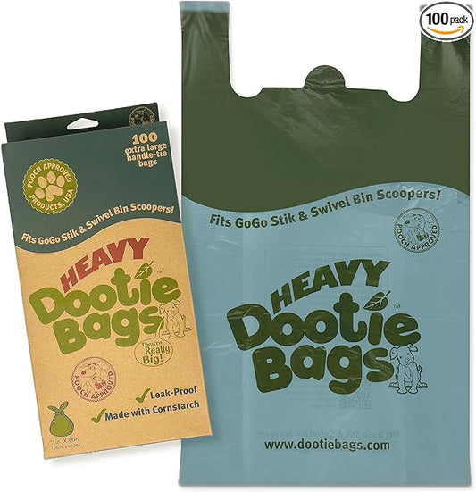 HEAVY Dootie Bags with EZ Tie Handles. Clean and Convenient for Pet Dog Poop, Cat Litter. Multi-Use. Great for Swivel Bin and Gogo Stik Scoopers. Made with Cornstarch. Strong, Leakproof and Very Large