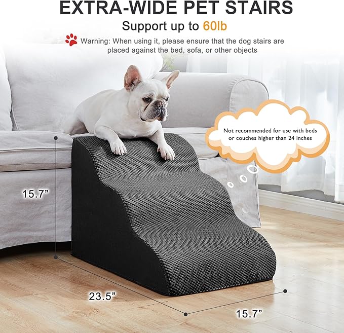 Ryoizen Dog Stairs for Small Dogs, Dog Steps for Bed Couch, Extra-Wide High Density Foam Dog Ramp Ladder for Dog, Cat, Small Pets, Waterproof Non-Slip 3 Tiers Pet Stairs, Gifts Lint Roller for Dogs