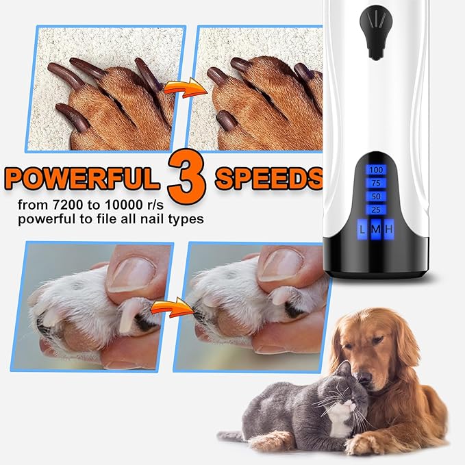 Dog Nail Grinder, Dog Nail Trimmers and Clippers Kit, Super Quiet Electric Pet Nail Grinder, Rechargeable, for Small Large Dogs & Cats Toenail & Claw Grooming,3 Speeds, 2 Grinding Wheels (A-Dark Blue)