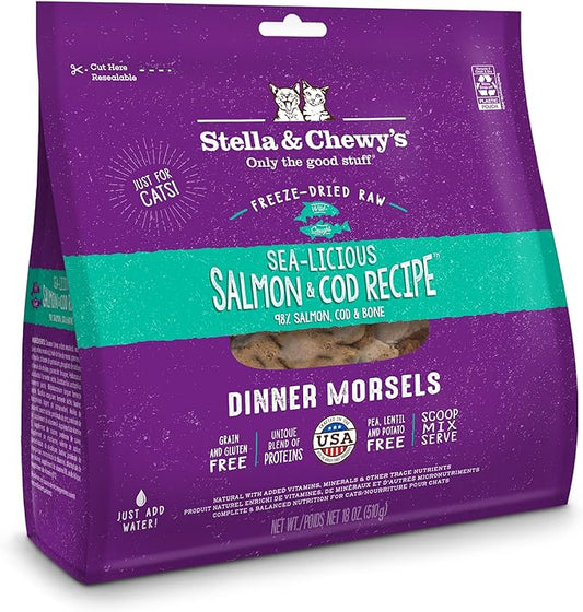 Stella & Chewy's Freeze-Dried Raw Cat Dinner Morsels – Grain Free, Protein Rich Cat & Kitten Food – Sealicious Salmon & Cod Recipe – 18 oz Bag