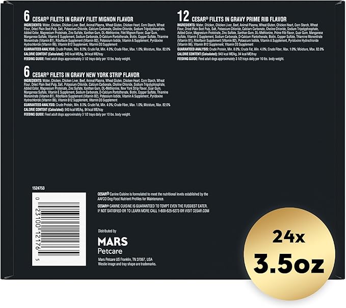 CESAR Filets in Gravy Adult Wet Dog Food, Filet Mignon, New York Strip and Prime Rib Flavors Variety Pack, 3.5 oz. Easy Peel Trays, Pack of 24