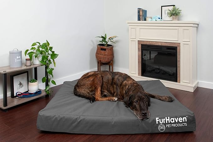 Furhaven Water-Resistant Memory Foam Dog Bed for Large Dogs w/ Removable Washable Cover, For Dogs Up to 125 lbs - Indoor/Outdoor Logo Print Oxford Polycanvas Mattress - Stone Gray, Jumbo Plus/XXL