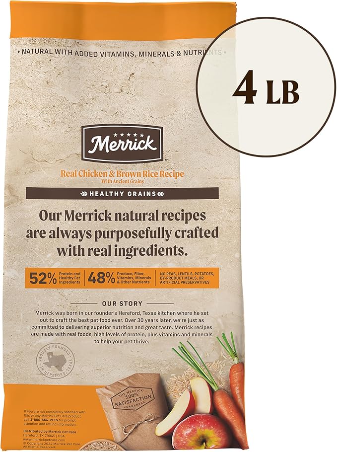 Merrick Healthy Grains Premium Adult Dry Dog Food, Wholesome And Natural Kibble With Chicken And Brown Rice - 4.0 lb. Bag