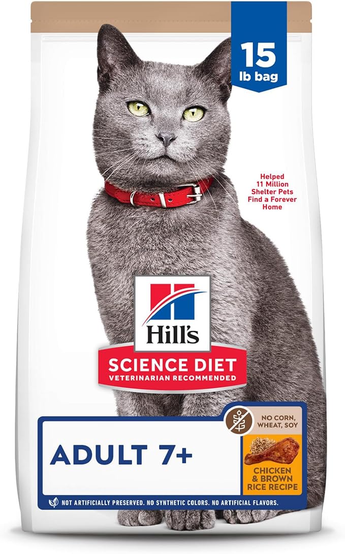 Hill's Science Diet Adult 7+, Senior Adult 7+ Premium Nutrition, Dry Cat Food, No Corn, Wheat, Soy Chicken & Brown Rice, 15 lb Bag