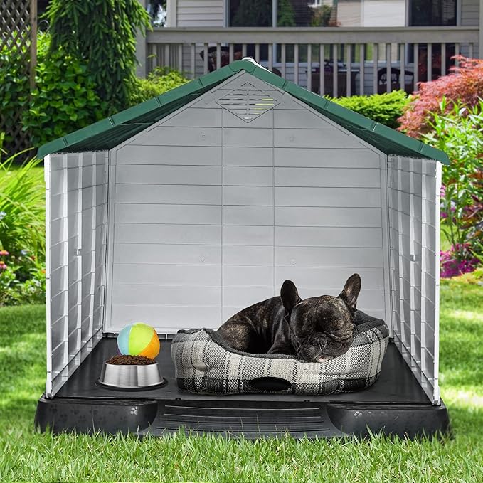 YITAHOME 28.5'' Plastic Dog House Outdoor Indoor Doghouse Puppy Shelter Water Resistant Easy Assembly Sturdy Dog Kennel with Air Vents and Elevated Floor (28.5''L*26''W*28''H, Green)