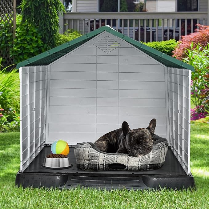 YITAHOME 34.5'' Large Plastic Dog House Outdoor Indoor Doghouse Puppy Shelter Water Resistant Easy Assembly Sturdy Dog Kennel with Air Vents and Elevated Floor (34.5''L*30.9''W*32''H, Green)