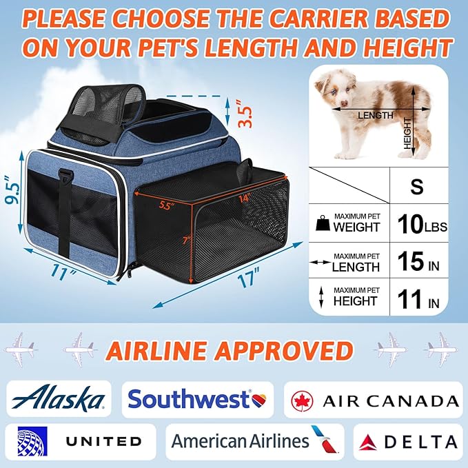 Top and Side Expandable Pet Carrier 17x11x9.5 Inches Alaska Airline Approved, Soft-Sided Carrier for Small Cats and Dogs with Locking Safety Zippers and Anti-Scratch Mesh(Blue)