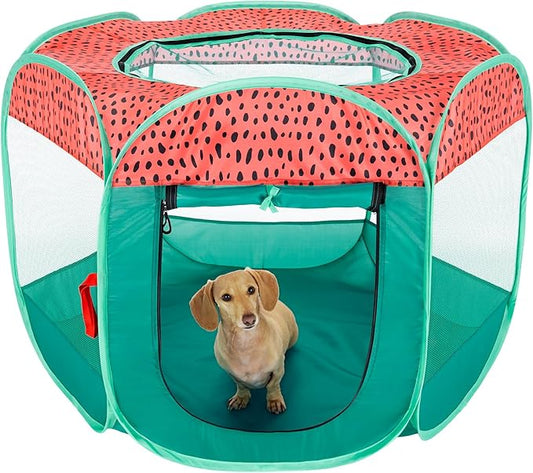 Furhaven Pop Up Playpen Pet Tent Playground - Green & Pink, Medium