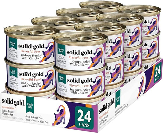 Solid Gold Wet Cat Food Pate - Canned Cat Food Made w/Real Chicken for Indoor Cats of All Ages - Flavorful Feast Grain Free Cat Wet Food for Sensitive Stomach & Healthy Living - 24ct/3oz Can