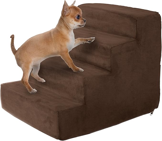 4-Step Pet Stairs - Nonslip Foam Dog and Cat Steps with Removable Zippered Microfiber Cover - Designed for Home or Vehicle Use by PETMAKER (Brown)