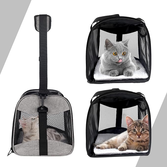 Cat Carrying Case - Pet Carrier Airline Approved, Protable and Breathable Pet Travel Carrier Removable Fleece Pad, Collapsible Cat Carrier Dog Carrier for Medium Cats Small Cats Dogs (X-L grey&black)