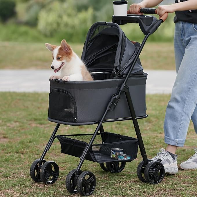 3 in 1 Folding Dog Stroller, Pet Folding Stroller, 4 Wheels Dog/Cat Puppy Stroller w/Removable Travel Carrier for Small/Medium Pet, Waterproof Pad, Car Seat, Sun Shade