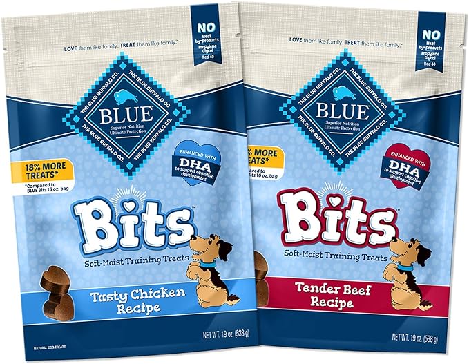 Blue Buffalo Blue Bits Natural Soft-Moist Training Dog Treats, Chicken & Beef Recipes 19-oz Bag Variety Pack, 2 Count