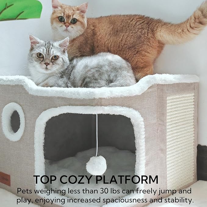 Large Cat Cave Bed for Indoor Cats, Cats Cube House with Scratch Pad Cat Condo Hideaway Tente Hut with Washable Sherpa Warm Soft Cat Mat, Cute Cat Beds Furniture, Modern Dog Bed,Beige