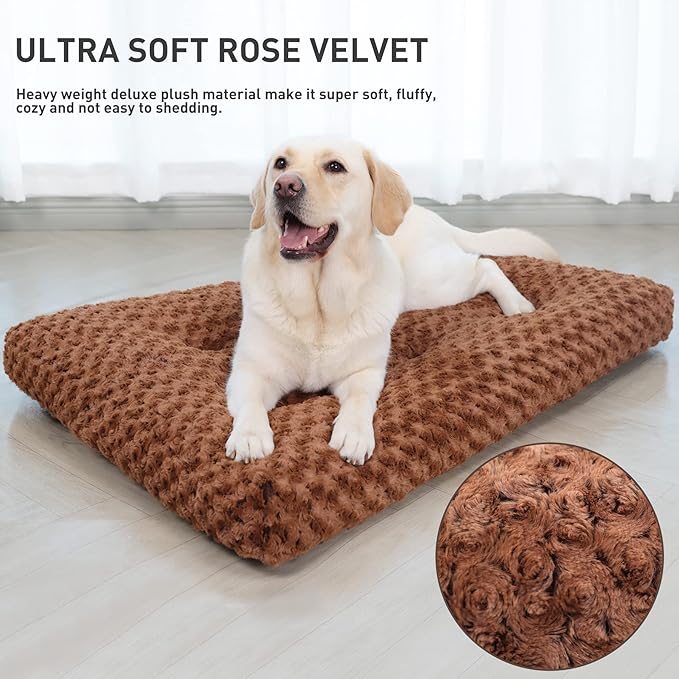 KSIIA Washable Dog Bed Deluxe Plush Dog Crate Beds Fulffy Comfy Kennel Pad Anti-Slip Pet Sleeping Mat for Large, Jumbo, Medium, Small Dogs Breeds, 35" x 23", Brown
