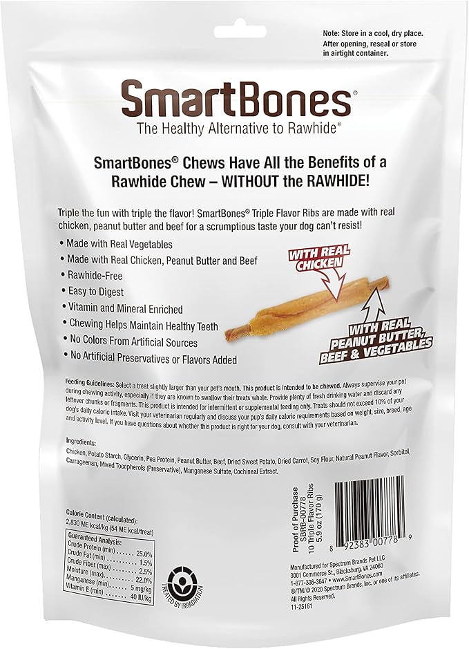 SmartBones No Artificial Colors or Preservatives Rib and Wing Chews, Treat Your Dog to a Fun Shapped Triple Flavor Chew