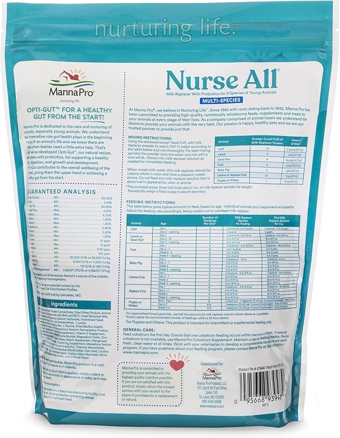 Manna Pro Nurse All Multi-Species Milk Replacer | Great for Calves, Lambs, Goat Kids, Foals, Baby Pigs, Llamas, Alpaca Crias, Puppies & Kittens | Provides Complete Nutrition | 3.5 lb