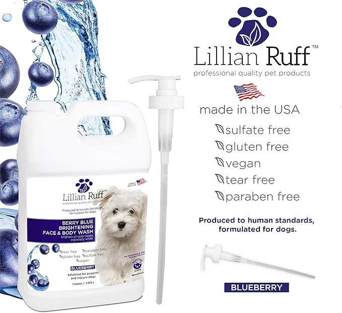 Lillian Ruff Berry Blue Brightening Face and Body Wash for Dogs - Blueberry Shampoo - Remove Tear Stains, Hydrate Dry Itchy Skin, Add Shine & Luster to Coats (Berry Blue Shampoo Gallon/Pump)