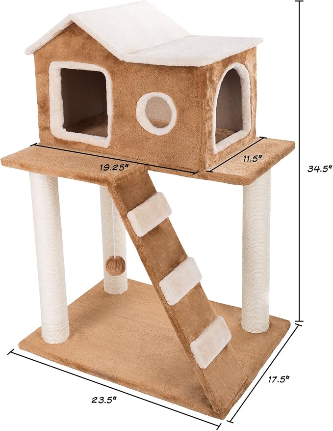 35in Cat Tree with Climb-Up Ladder, Cat Condo, 3 Sisal Rope Cat Scratching Posts, and Hanging Toy - Cat Tower for Indoor Cats by PETMAKER (Brown)