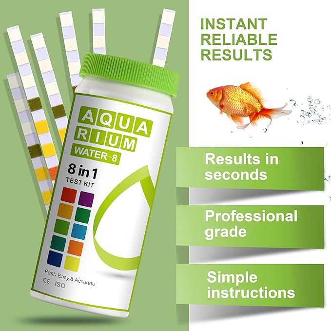 8-in-1 Aquarium Test Kit (150 Strips) for Freshwater & Saltwater - Quick & Accurate Water Testing for Aquariums & Ponds. Tests Free Chlorine, Hardness, pH, Ammonia Nitrogen, etc. (K02-150)