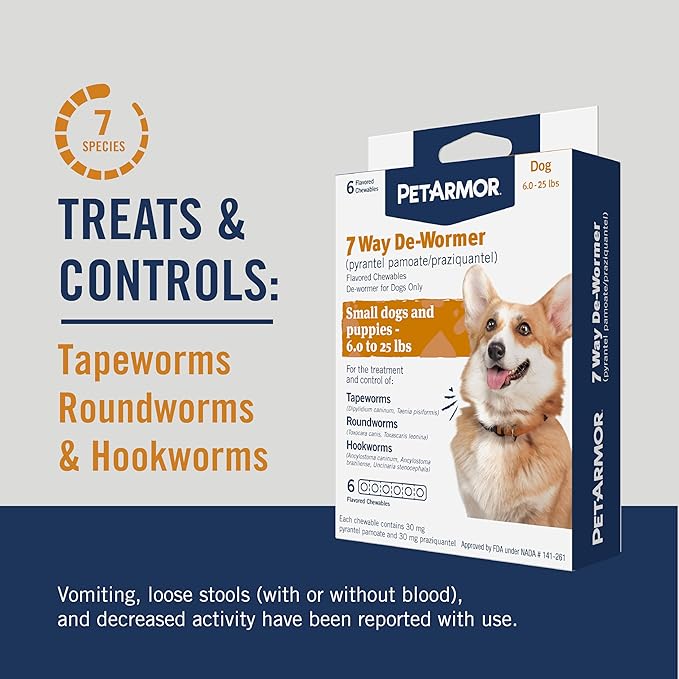 PetArmor 7 Way De-Wormer for Dogs, Oral Treatment for Tapeworm, Roundworm & Hookworm in Small Dogs & Puppies (6-25 lbs), Worm Remover (Praziquantel & Pyrantel Pamoate), 6 Flavored Chewables