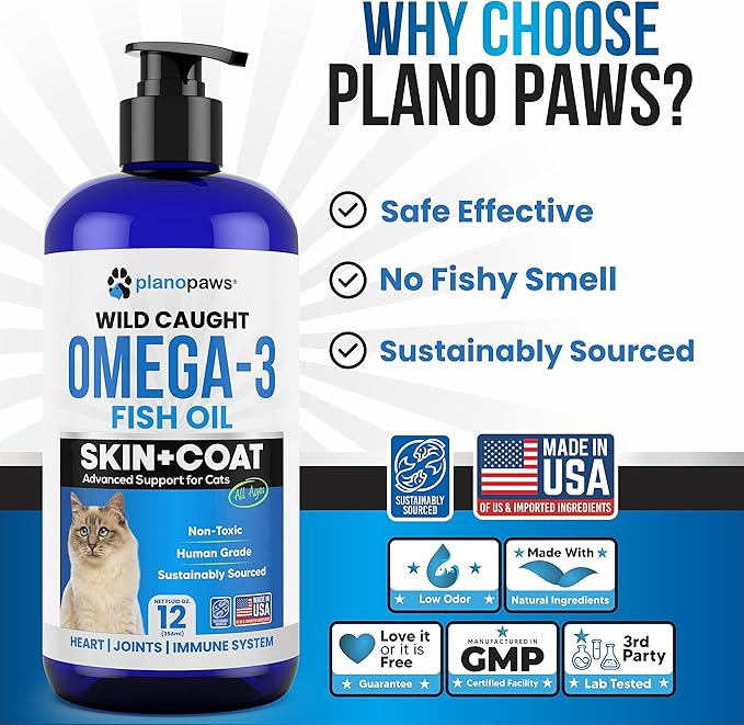 Omega 3 Fish Oil for Cats - Better Than Salmon Oil for Cats - Kitten + Cat Vitamins and Supplements - Cat Health Supplies - Cat Dandruff Treatment - Liquid Fish Oil for Pets - Cat Shedding Products