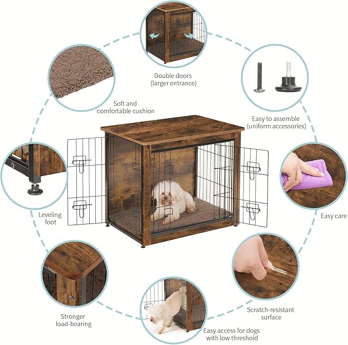 DWANTON Dog Crate Furniture with Cushion, Wooden Dog Crate with Double Doors, Dog Furniture, Dog Kennel Indoor for Small/Medium/Large Dog，End Table, Small, 27.2" L, Rustic Brown