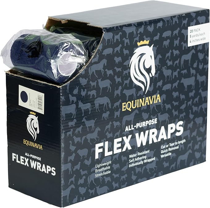 Equinavia 20 Pack Self Adhesive 4 Inch Vet Wraps with Easy-Dispenser Case | Bandages for Horses, Pets, Sports, Tattoo - Black - 20 x 5 yd - Blue - 20 x 5 yd